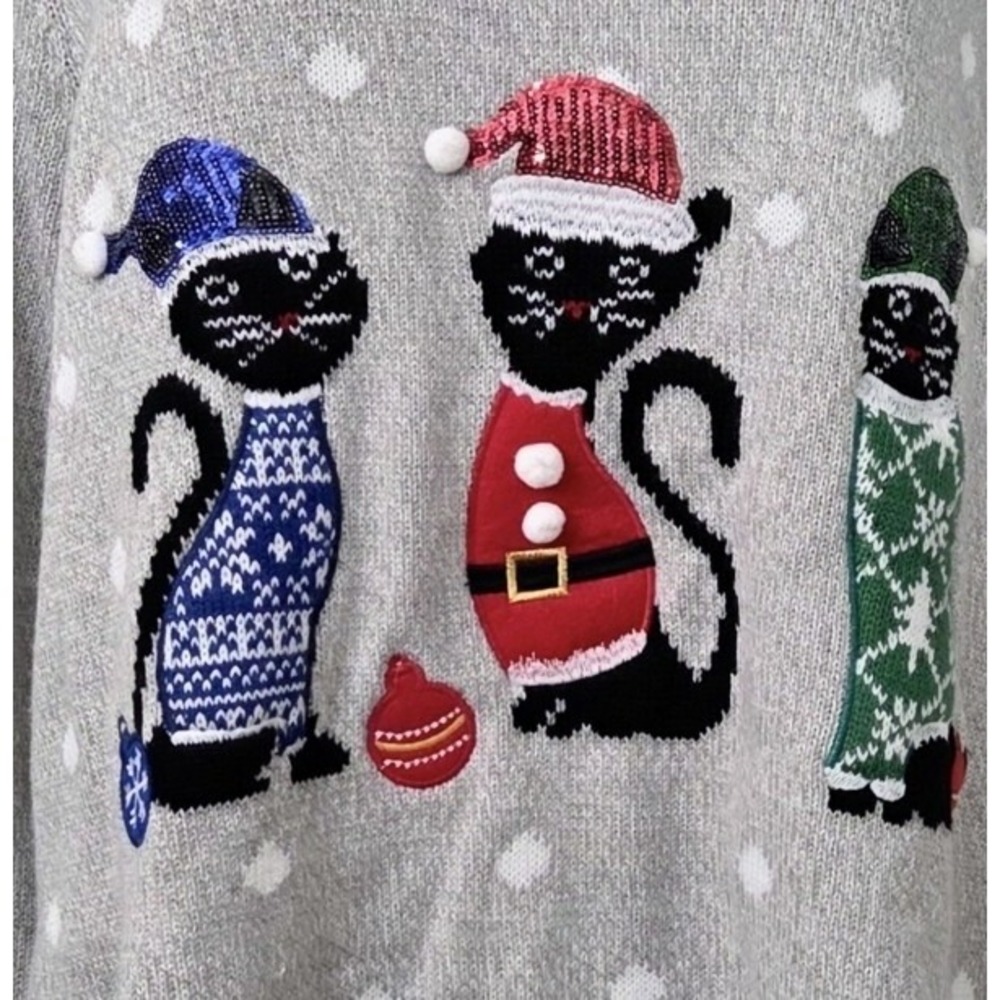 NWT Karen Scott Plus Size 2X Kitty Cat Christmas Holiday Sweater Top Polka Dots - Picture 2 of 6